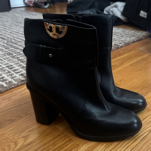 Tory Burch Shoes - Tory Burch Black Leather Heeled Boots with Gold Accent